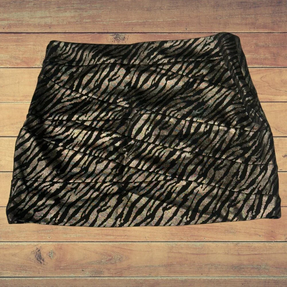 Express Metallic Zebra Print Black & Gold Mini Skirt Size 2